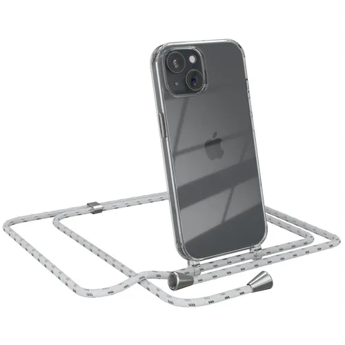 Für Apple iPhone 15 Handyhülle zum Umhängen Kordel Tasche Kette Weiß / Silber