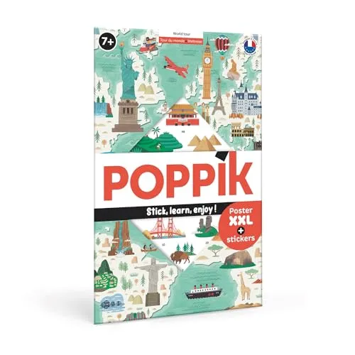 POPPIK 1841167 Sticker-Poster, Weltreise, interaktives Lernposter mit Aufklebern, mehrsprachige Weltkarte, für Kinder ab 7 Jahren, 68 x 100 cm