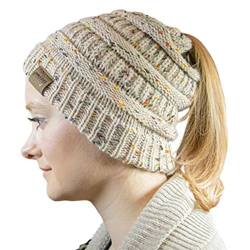 cosey - Strick Wintermütze – Pferdeschwanz-Mütze mit Zopfloch für Damen und Mädchen - Gesprenkelt Beige