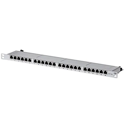 Helos Patch Panel CAT 6a - 24 Ports - Ethernet-Patchpanel, rackmontierbar mit 24 RJ-45 Anschlüssen, ideal für effiziente Netzwerkverkabelung und optimierte Signalübertragung.