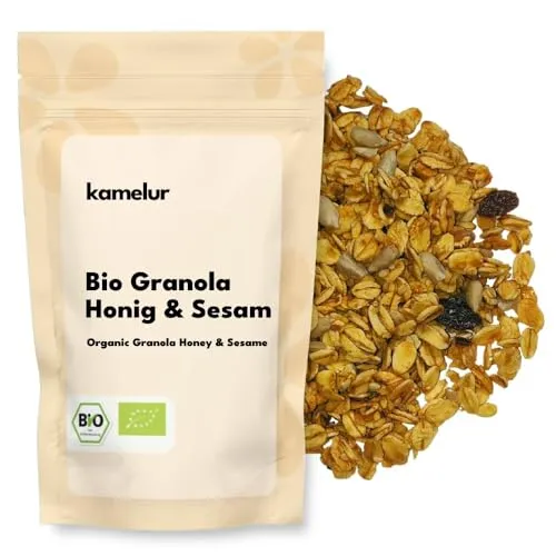 Kamelur Bio Granola Honig & Sesam 1 kg – Knusprige Hafervollkornflocken mit Honig, Sesam, Sonnenblumenkernen, Sultaninen & Zimt – aus kontrolliert biologischem Anbau
