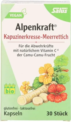 Kapuzinerkresse-Meerrettich Kapseln Alpenkraft 30 ST - Arzneimittel mit natürlichem Vitamin C aus Camu-Camu, unterstützt das Immunsystem und enthält hochwertige Pflanzenextrakte für Ihre Gesundheit.