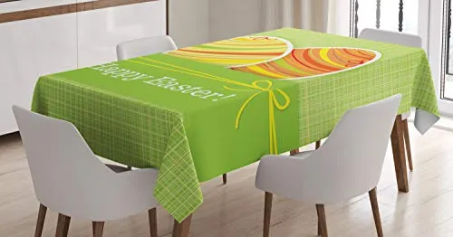 ABAKUHAUS Ostern Tischdecke, gestreifte Eier, Pflegeleicht Waschbar Schmutzabweisend und mit Klaren Farben Hochwertiger Druck, 140 x 200 cm, Grün Orange