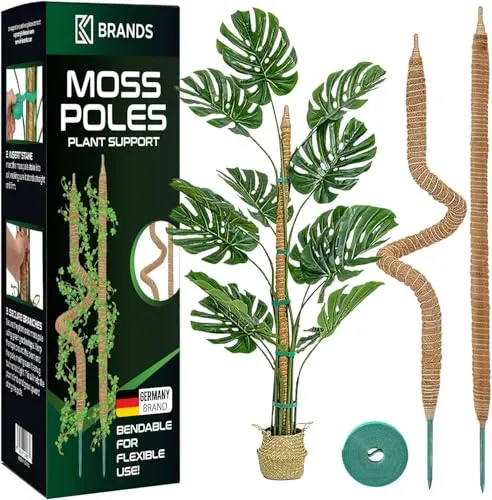 K-Brands 71 cm Moosstab für Monstera 2 Pack Biegsame Kokosfasern Pflanzenstütze für Kletterpflanzen -Rankhilfe für Monstera - Rankhilfe Blumenstab - Pflanzstab mit 3 m Pflanzenbinder