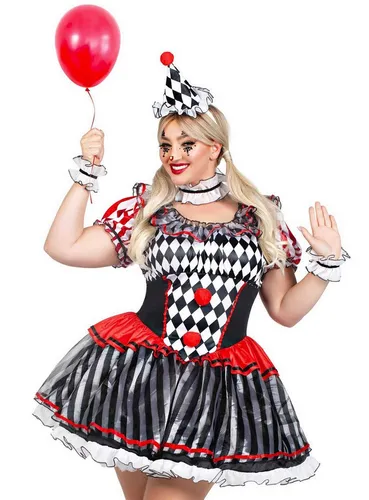 Leg Avenue Damen Darling Harlekin Sexy Clown Kostüm Plus Size - Spielzeug und Kostüm für Halloween, 4-teiliges Set mit bequemem, dehnbarem Stoff und einem stilvollen Clownhut für einen unvergesslichen Auftritt!