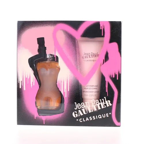 Jean Paul Gaultier Classique Geschenkset - Geschenkbox mit 50 ml Eau de Toilette und 75 ml Bodylotion, blumig-orientalischer Duft für Sinnlichkeit und Weiblichkeit.