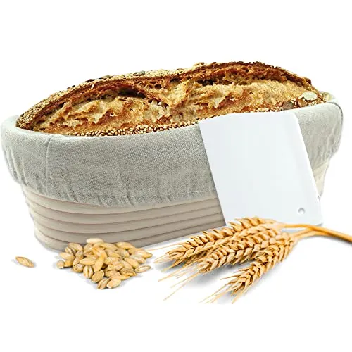 Gärkörbchen + Teigschaber – Der ideale Gärkorb aus natürlichem Peddigrohr (oval, 35 cm) – mit Leineneinsatz, rostfrei geklammert