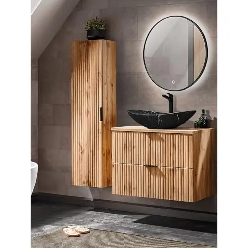 Lomadox Badmöbel-Set ADELAIDE-56, 3-teilig in Eiche Rillenoptik - Elegantes Badmöbel-Set mit LED-Spiegel und Softclose-Systemen, vereint modernes Design und natürliche Gemütlichkeit für Ihr Badezimmer.