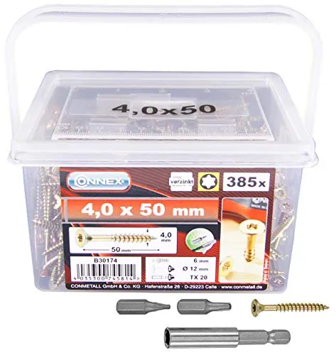 Connex Universalschrauben 4,0 x 50 mm - 385 Stück im Set - Senkkopf - TX-Antrieb - Teilgewinde - Gelb verzinkt - Inkl. Magnethalter & 2 Bits / Schrauben-Set / Schrauben-Eimer / B30174