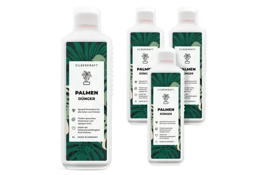 Silberkraft Pflanzendünger Palmendünger flüssig – Spezialdünger für Palmen, Yucca & Zimmerpalmen, 4-St., 4 x 1 L, Spezialdünger für Palmen, Für sattes Grün & starke Wurzeln – Chloridarm & pflanzenschonend