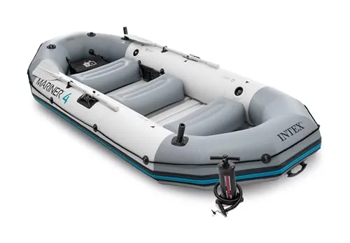Intex Schlauchboot Mariner 4 Set mit Paddel & Pumpe - Robustes 4-Personen Schlauchboot aus 3-lagigem PVC, bis 500 kg belastbar. Ideal für Abenteuer auf Seen und im Meer, inkl. Paddel und Pumpe für schnellen Einsatz.