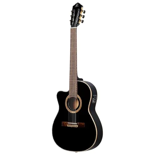 Ortega RCE138-T4BK-L Thinline Gitarre - Thinline Linkshänder-Modell mit massiver Alaska Sitka-Fichten-Decke und hochwertiger Ortega MagusPro Elektronik, ideal für vielseitige Klänge.