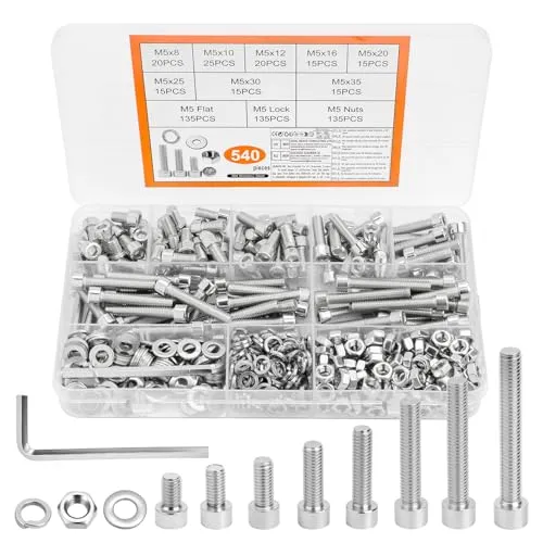 Stk M5 Schrauben Set, Zylinderkopfschrauben Muttern Sets, Innensechskantschrauben mit Muttern, Schwarz Zylinderschrauben Set mit Unterlegscheiben, Gewindeschrauben Maschinenschrauben Sortiment 540