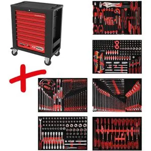 KS-Tools Werkzeugwagen PERFORMANCEplus P15, 399-teilig, rot - Werkstattwagen mit 8 Schubladen, bestückt mit hochwertigem Chrom-Vanadium Werkzeug-Sortiment. Ideal für Profis, sicher verstaubar dank Zentralverriegelung und praktischen Systemeinlagen.