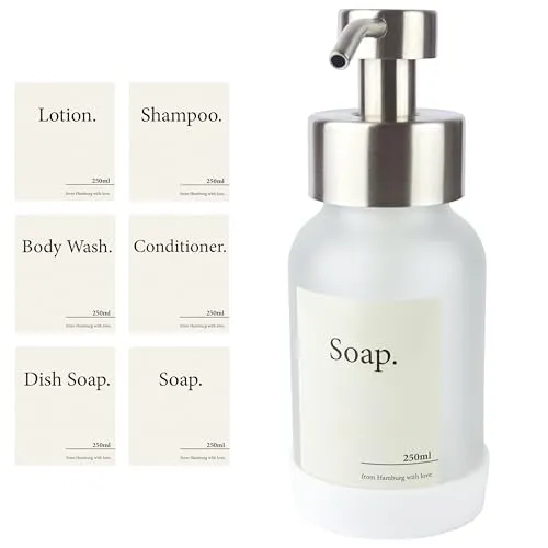 Designfabrik Hamburg | Glas Seifenspender Bad | Edelstahl-Pumpspender für Flüssigseife | Spülmittelspender Küche modern | 250ml | Silber/Frost