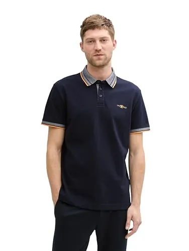 TOM TAILOR Poloshirt mit kontrastierenden Streifen - Modisches Herren-Shirt in Blau mit atmungsaktivem Piqué-Material und farblich passendem Polokragen für optimalen Tragekomfort.