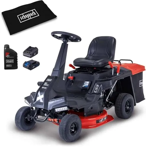 Scheppach Benzin-Aufsitzrasenmäher MR235-61 - 6,0PS, 61cm Schnittbreite - Rasentraktoren für große Gärten bis 2600 m². Mit 61 cm Schnittbreite, E-Start und 4 Vorwärtsgängen für effizientes Mähen und komfortables Fahren.