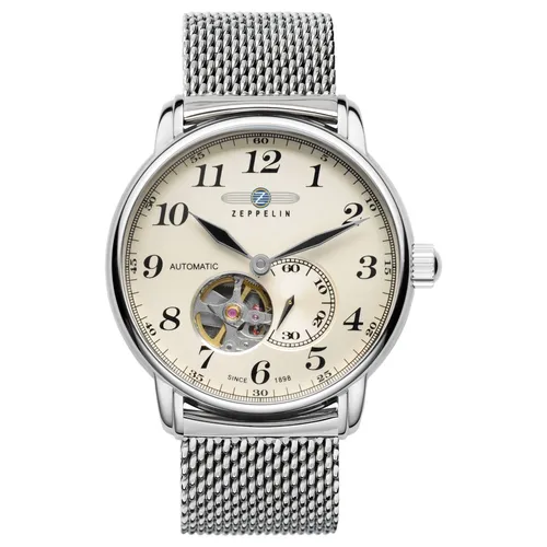 Zeppelin Automatische Uhr 7666M-5 - Elegante Damen-Armbanduhr im Edelstahl-Gehäuse mit beigem Ziffernblatt und schwarzer Beschriftung, ausgestattet mit zuverlässigem japanischem Automatik-Uhrwerk für präzise Zeitmessung.