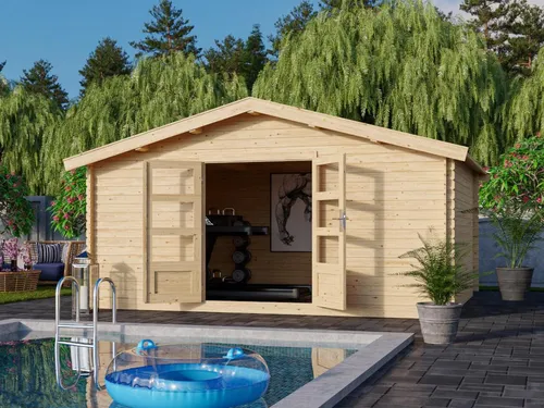 KARIBU Naturbelassen 460 cm x 370 cm Gartenhaus Blockbohlenhaus Buxtehude 8, 28 mm Fichte Blockbohlen, Satteldach, kesseldruckimprägnierte Bodenbalken, vormontierte Tür, Verglasung