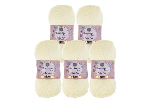 Kartopu Glitzerwolle Lotus Lux K025 creme beige - 5 x 100g Häkelwolle in edlem Creme-Beige, perfekt für kreative Bastelprojekte. Hochwertige Mischung aus 96 % Acryl und 4 % Polyester für langlebige Ergebnisse.