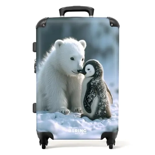 NoBoringSuitcases.com Kinderkoffer Eisbär & Pinguin 67 cm - Mittelgroßer Hartschalenkoffer mit 72L Volumen und TSA Schloss, perfekt für Kinderreisen. Robust und umweltfreundlich, schützt die transparente Front die liebevolle Dekoration.