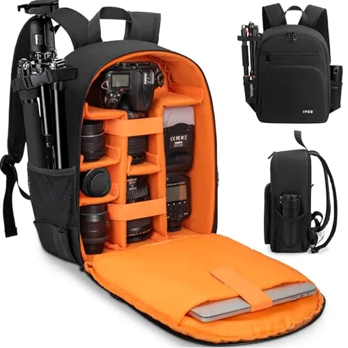 IPEB Kamerarucksack Tasche mit Stativhalterung Wasserdichtes Kameragehäuse Fotografie Rucksack Anti-Diebstahl für DSLR/SLR spiegellose Kamera Nikon Sony Canon (Schwarz-Orange)