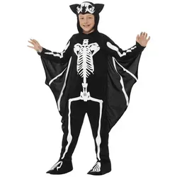 Smiffys Fledermaus-Skelett-Kostüm - Schwarz, mit Kapuzen-Overall und befestigten Flügeln, ideal für Halloween und Karneval, bequemes Tragegefühl für Kinder 10-12 Jahre