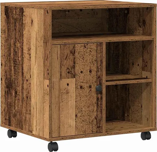 vidaXL Rustikaler Druckerständer mit Stauraum und Rollen - Druckerständer aus Holzwerkstoff und Metall, ideal für Home Offices. Mit drei Fächern und Rollen für einfache Mobilität bietet er praktischen Stauraum und rustikalen Charme.