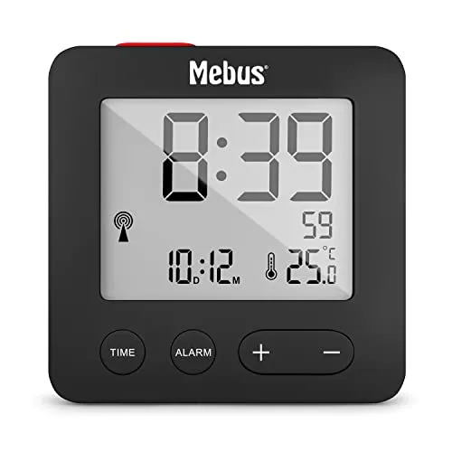 MEBUS Funkwecker mit Temperaturanzeige, kompakt in Reisegröße, Funkuhr (DCF77), Alarm mit Weckwiederholung (Snooze), Datum, Displaybeleuchtung, Farbe: Schwarz, Modell: 25801 BxHxT: 6,6x6,6x2,1 cm