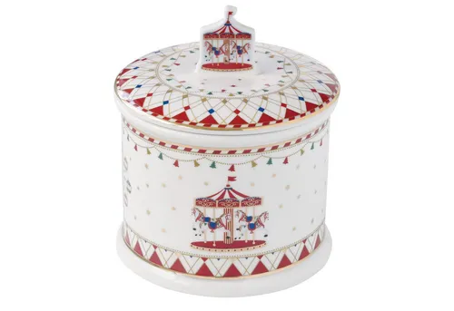 MamboCat Keksdose Christmas Wonderland I – Runde Gebäckdose mit Karussell - Frischhaltedosen aus Porzellan, ideal zur Aufbewahrung von Weihnachtsplätzchen und kleinen Schätzen, wunderschön dekoriert mit festlichen Motiven und goldenen Sternen.