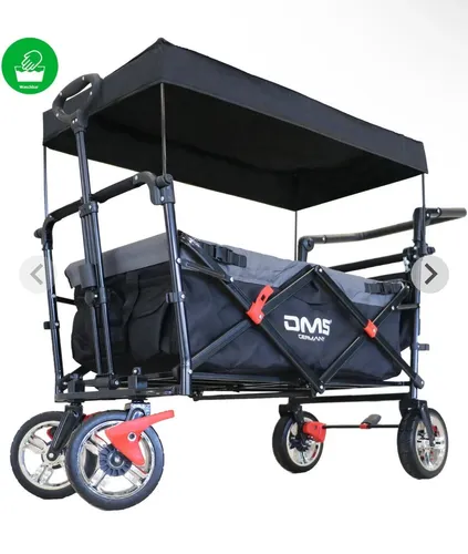 DMS® BW-03S Bollerwagen Faltbar mit Dach - Faltbarer Handwagen in Schwarz, ideal für Ausflüge mit Kleinkindern und bietet Schutz vor Sonne und Regen.