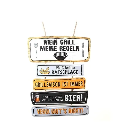 LB H&F Holzschild Holzbild Grillregeln mit 5 Sprüchen - Deko-Schild für Grillecke – „Mein Grill, Meine Regeln“ - Schild XL Grillen Bier Männer Deko Grillecke Außenküche 46 x 35cm