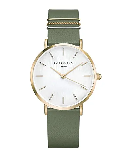 ROSEFIELD - THE WEST VILLAGE - Olivegrün - Gold - 33 MM - Damenuhr mit analoger Anzeige, inspiriert von New York. Das samtige Nubuklederarmband und das elegante Roségold-Gehäuse verleihen zeitlosen Stil und urbanen Charakter.