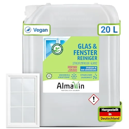 AlmaWin® Glas & Fenster Reiniger [20L] für streifenfreien Glanz - Glasreiniger ideal für Fenster, Spiegel, Auto & Mehr - Glas & Fensterreiniger Spray, Glass Cleaner - 100% Natürlich & VEGAN
