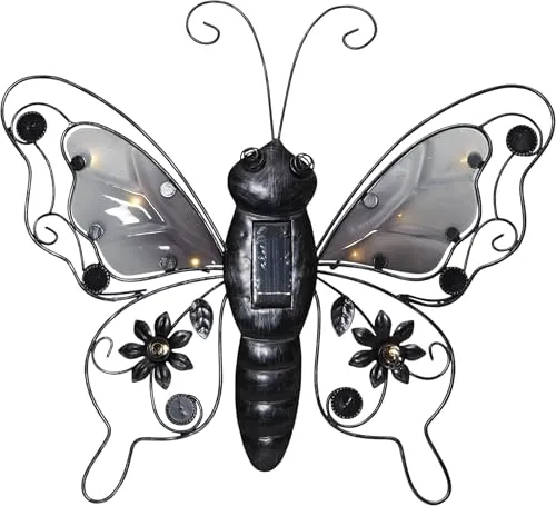 LED Solar Schmetterling Deko-Leuchte 34x39cm - Klassische Metall-Wandbild für Balkon und Garten, mit Lichtsensor und solarbetriebener LED-Technologie für stimmungsvolle Beleuchtung.