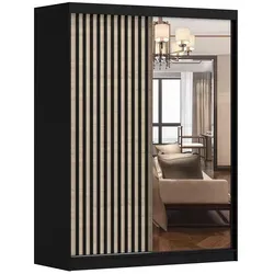 imoebel24 Schwebetürenschrank, Schwarz, Sonoma Eiche, Holzwerkstoff, 5 Fächer, Rechteckig, 150x200x61 cm, Schlafzimmer, Kleiderschränke, Schwebetürenschränke