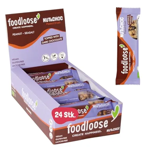foodloose Bio-Nut&Choc Riegel Peanut Crush | Vegane, laktose- und glutenfreie Bio-Nussriegel ohne raffinierten Zucker | Dunkle Schokolade, Erdnuss & Meersalz | Vorteilspack (24 Riegel x 35g)