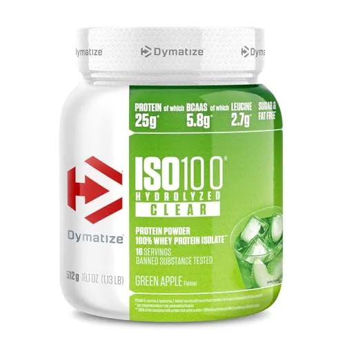 Dymatize ISO 100 Hydrolized Clear Whey Protein Pulver Green Apple 512g - Hochwertiges Proteinpulver mit 25 g Molkenproteinisolat pro Portion. Zucker- und fettfrei, ideal für Vegetarier. Mit geprüfter Qualität für sichere Verwendung im Sport.