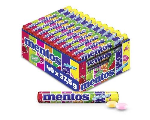 MENTOS Kaudragees Rainbow Frucht, 1500g Thekendisplay - Die spritzigen Mentos Kaudragees in 7 fruchtigen Geschmacksrichtungen sorgen für ein unvergessliches Geschmackserlebnis. Perfekt für den Snack zwischendurch – knusprig und süß!