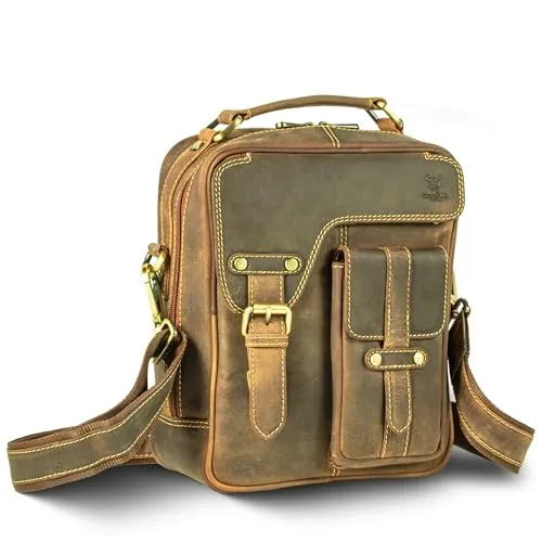 MATADOR Schultertasche Echt Leder Herren Hochwertige Arbeittasche Umhängetasche Ledertasche Tablettasche 10.5 Zoll Hunter Braun
