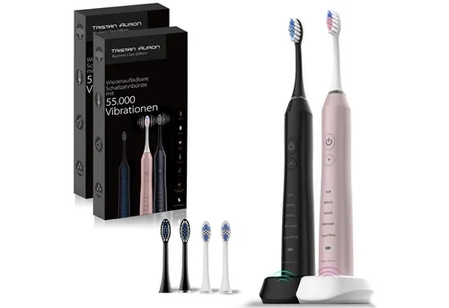 Tristan Auron Elektrische Zahnbürste Elektrische Zahnbürste Doppelpack 55000 VPM 60 Tage Akku 5 Modis IPX7, Aufsteckbürsten: 4 St., 2 Min Timer, 5 Modis, IPX7 Wasserdicht, 55 000 VPM, extrem leise <65db