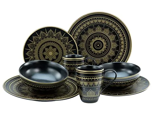 CreaTable Kombiservice Mandala Gold-Schwarz, 8-tlg für 2 Personen - Elegantes 8-teiliges Kombiservice aus Steinzeug, spülmaschinengeeignet und mit orientalischem Design in Gold-Schwarz – ideal für stilvolle Tischdekoration.
