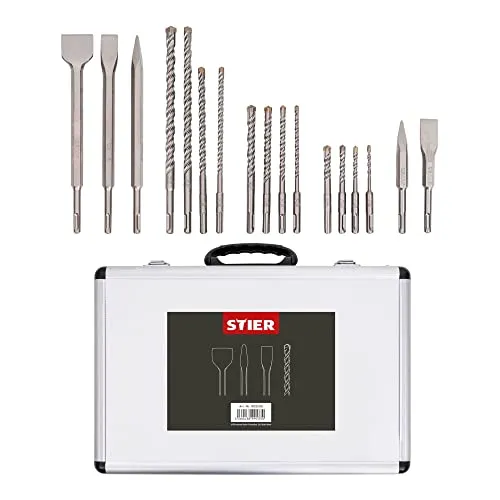 STIER SDS-Plus-Bohrer- und Meißelsatz, 17-teilig - Bohrersets aus hochwertigem Stahl für lange Standzeit, mit SDS-Plus-Aufnahme für schnellen Wechsel. Praktischer Metallkoffer mit Schaumstoff-Inlay für Ordnung und schnelles Finden der Werkzeuge.