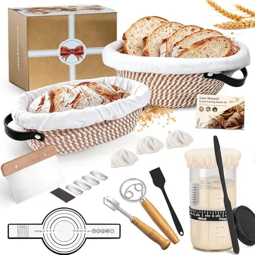 Biigdan 21-teiliges Sauerteig Starter Set, Brotbackset mit 25cm einem rund und 23cm einem oval Gärkörbchen aus Baumwollseil, 650ml Sauerteig Glas Backzubehör, für Anfänger,Erfahrene Bäcker