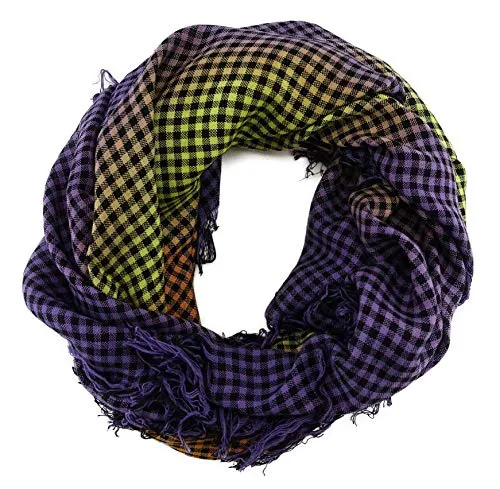 TigerTie Halstuch in gelb orange lila schwarz kariert mit Fransen - Größe 90 x 90 cm