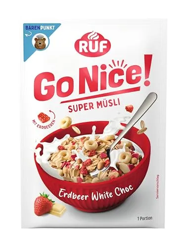 RUF GoNice! Super Müsli Erdbeere White Choc Müsli aus Vollkorn-Haferflocken mit Erdbeerstückchen und weißer Schokolade Loops, 50g Portionsbeutel