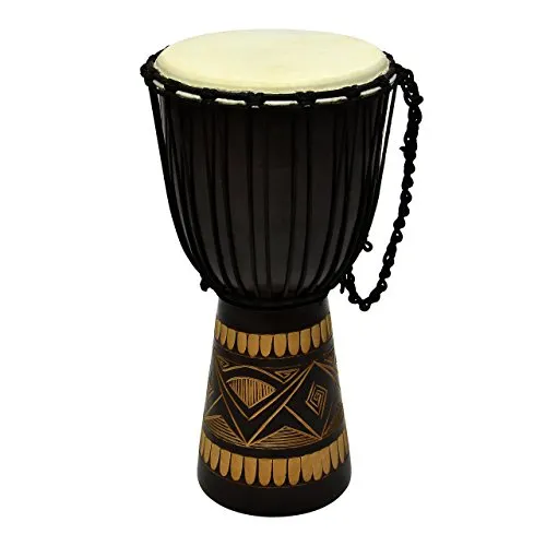 cm Djembe Trommel Buschtrommel Afrika-Style geschnitzt Handarbeit exotische Motive Schnüre Knoten Ziegenfell schwarz braun 70