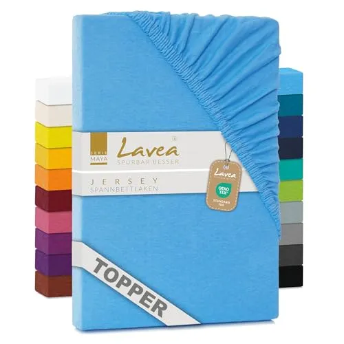 Lavea® Jersey Topper Spannbettlaken, Spannbetttuch, Serie Maya, 100% Baumwolle, hochwertige Verarbeitung, mit Gummizug und OekoTex100 180x200cm | 200x200cm, Himmelblau
