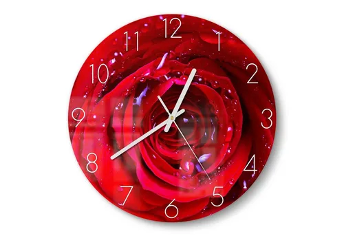 DEQORI Glasuhr Ø30 cm - Rose mit Wasserperlen, leise Wanduhr - Gestalte dein Zuhause mit der eleganten DEQORI Glasuhr! Mit 3D-Tiefeneffekt und hochwertigen Materialien ist sie der perfekte Blickfang für jeden Raum. Ideal für Wohnzimmer, Schlafzimmer und Büro.