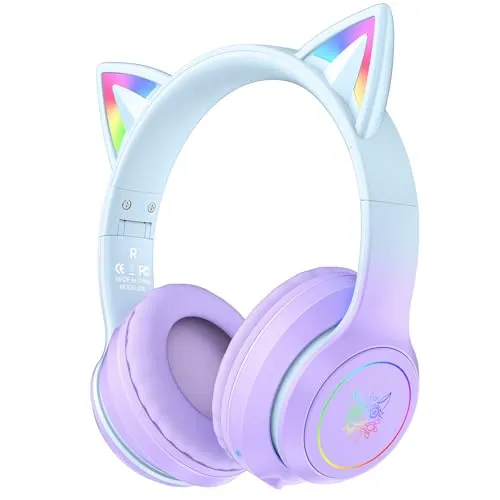 ONITOON Bluetooth-Kopfhörer mit LED-Katzenohren – Kabelloses Over-Ear Headset mit Mikrofon, Hi-Fi Stereo-Sound, 55h Spielzeit & Lautstärkeregler für Kinder/Erwachsene (iPhone/iPad/PC/Laptop)